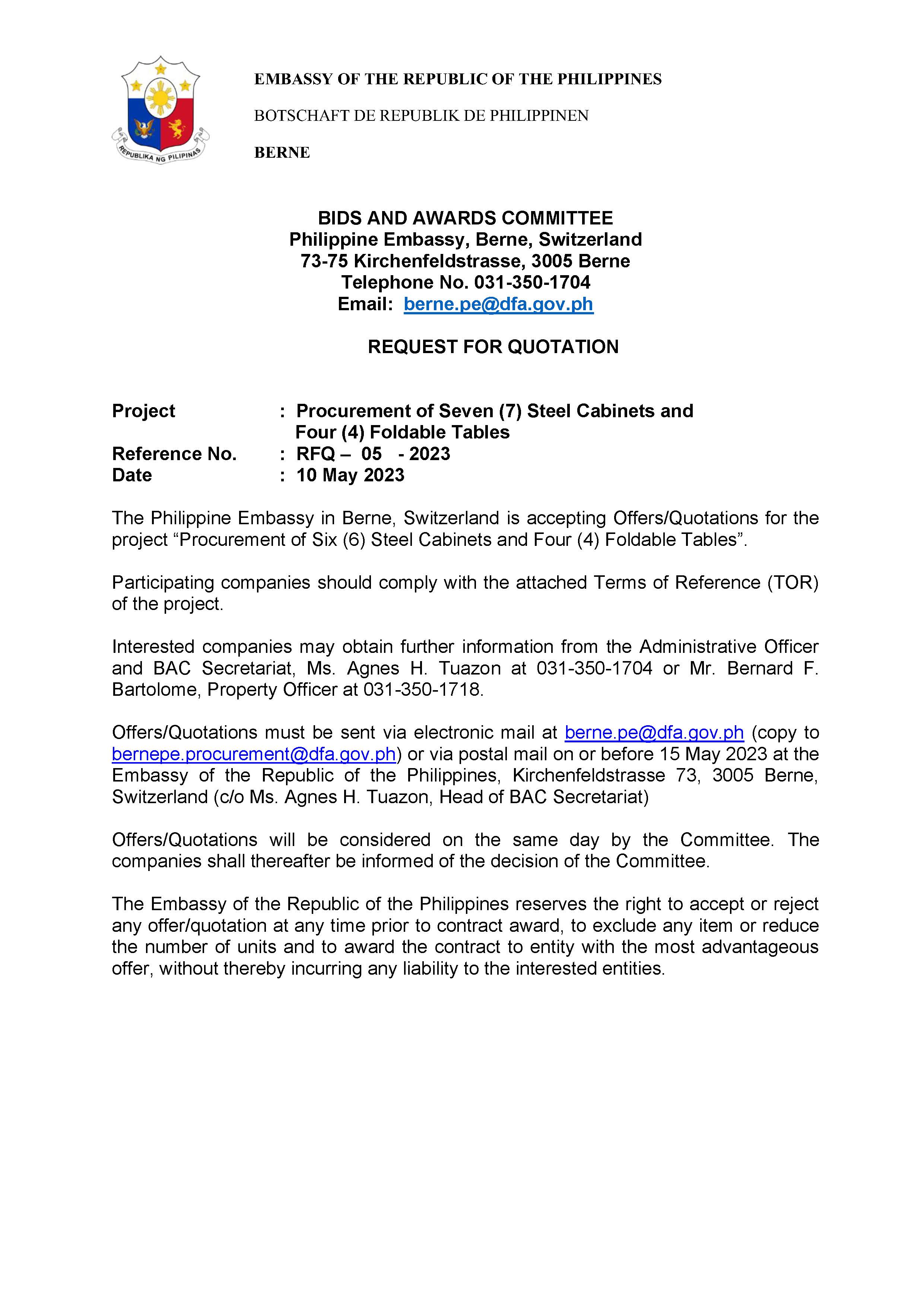 RFQ 05 2023 Procurement of Six 6 Steel Cabinets and Four 4 Foldable Tables 06 December 2022 10 May 2023 Page 1