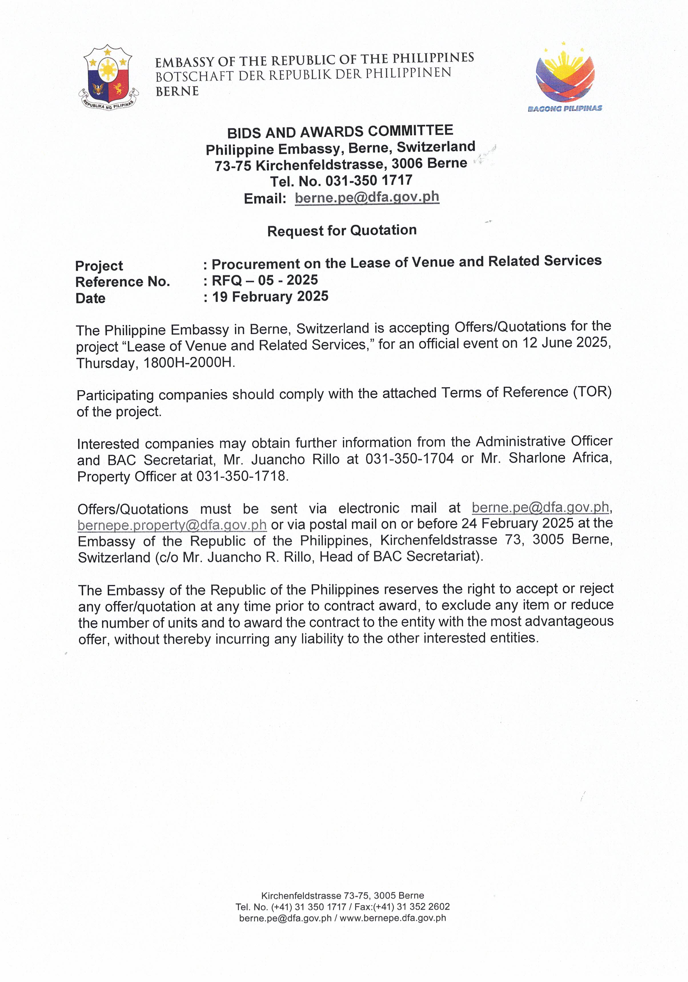 RFQ 05 2025 PROCUREMENT ON THE LEASE OF VENUE AND RELATED SERVICES Page 1