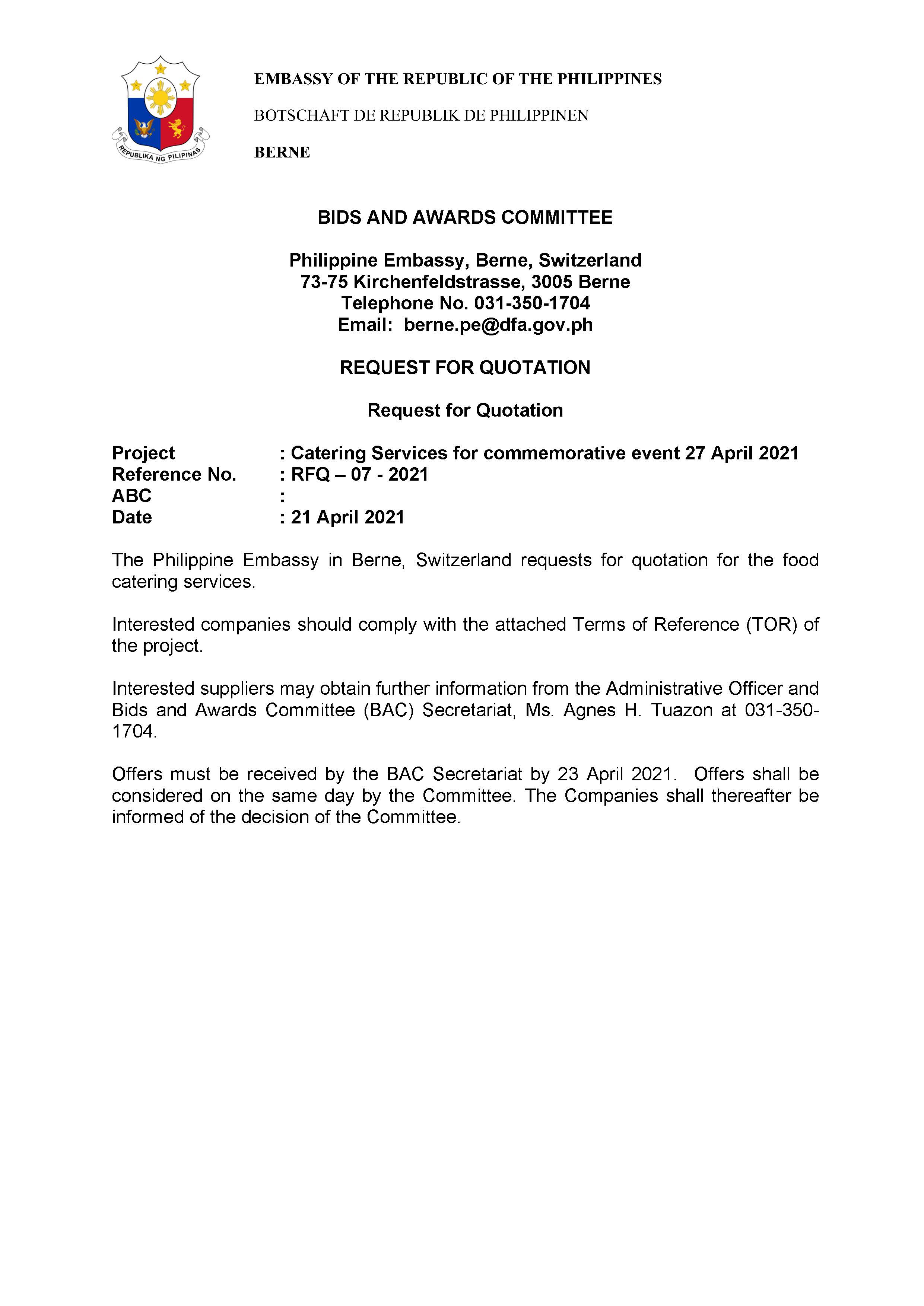 RFQ 07 2021 Catering Services for commemorative event 27 April 2021 Page 1