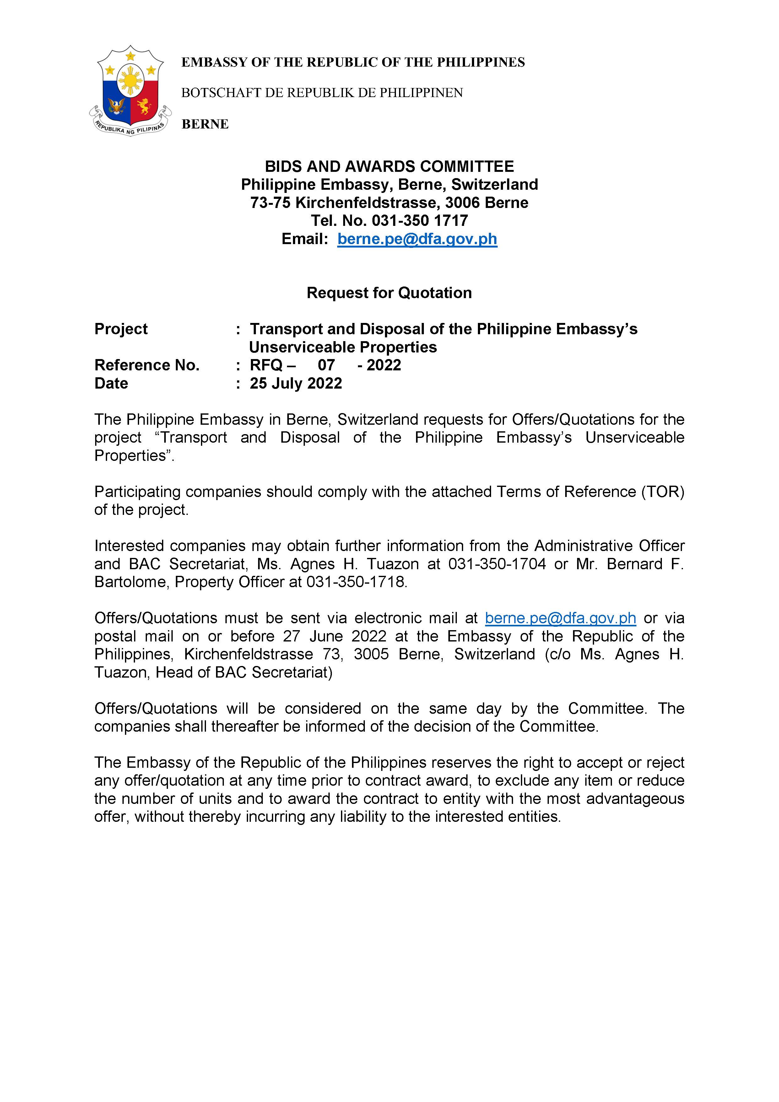 RFQ 07 2022 Transport and Disposal of the Philippine Embassys Page 1