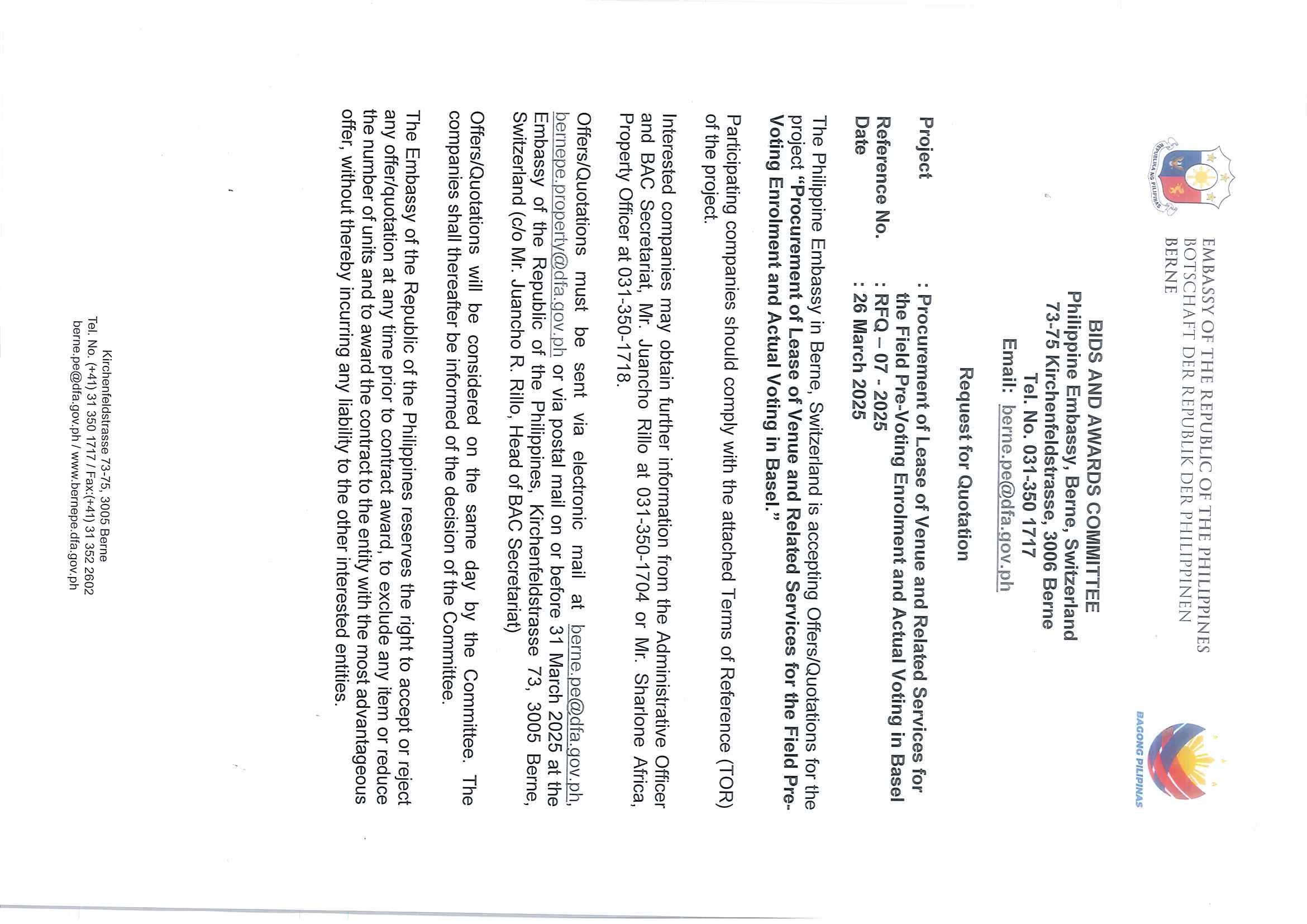 RFQ 07 2025 PROCUREMENT OF LEASE OF VENUE AND RELATED SERVICES FOR THE FIELD PRE VOTING ENROLMENT AND ACTUAL VOTING IN BASEL Page 1