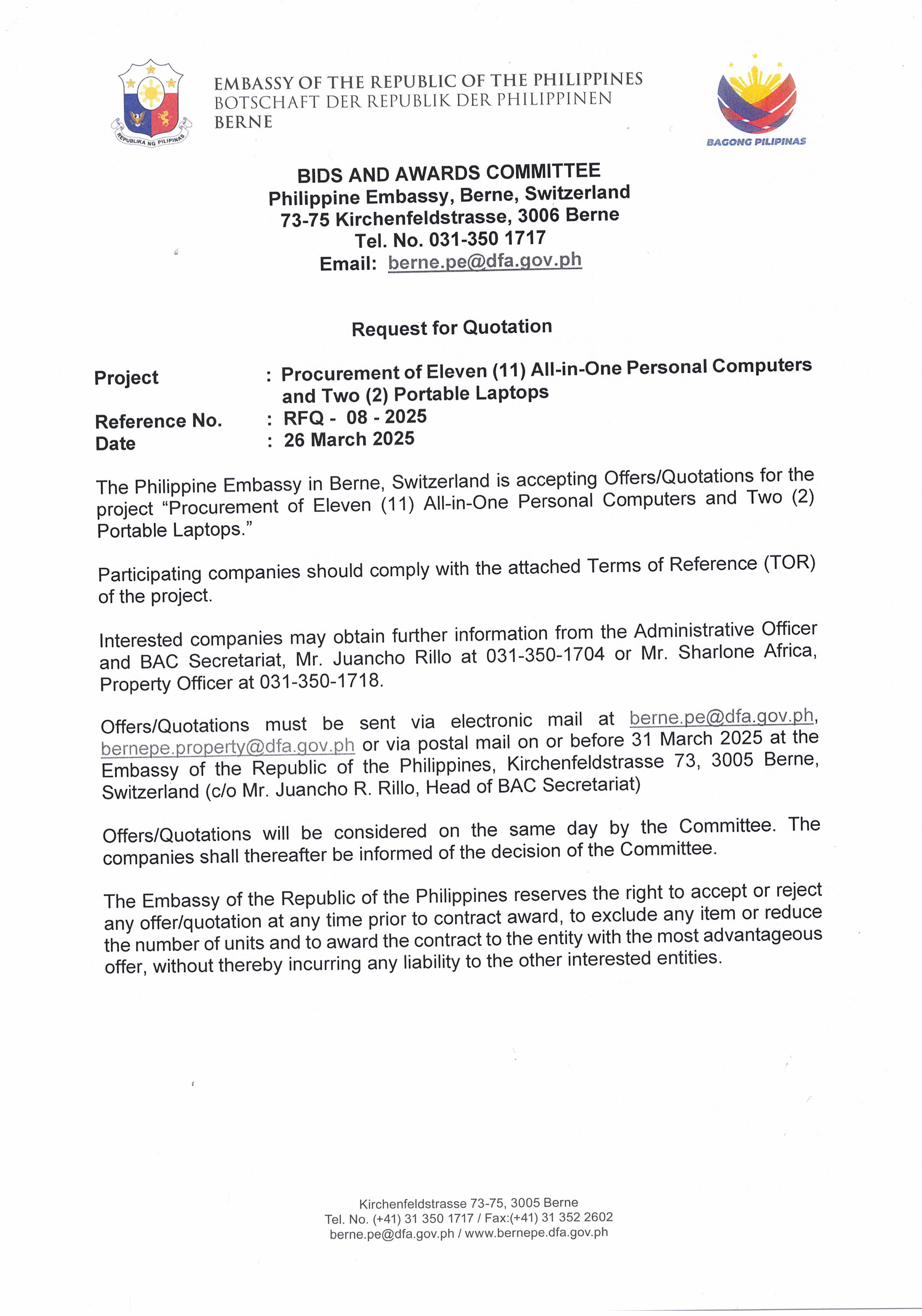 RFQ 08 2025 PROCUREMENT OF ELEVEN ALL IN ONE PERSONAL COMPUTERS AND TWO PORTABLE LAPTOPS Page 1