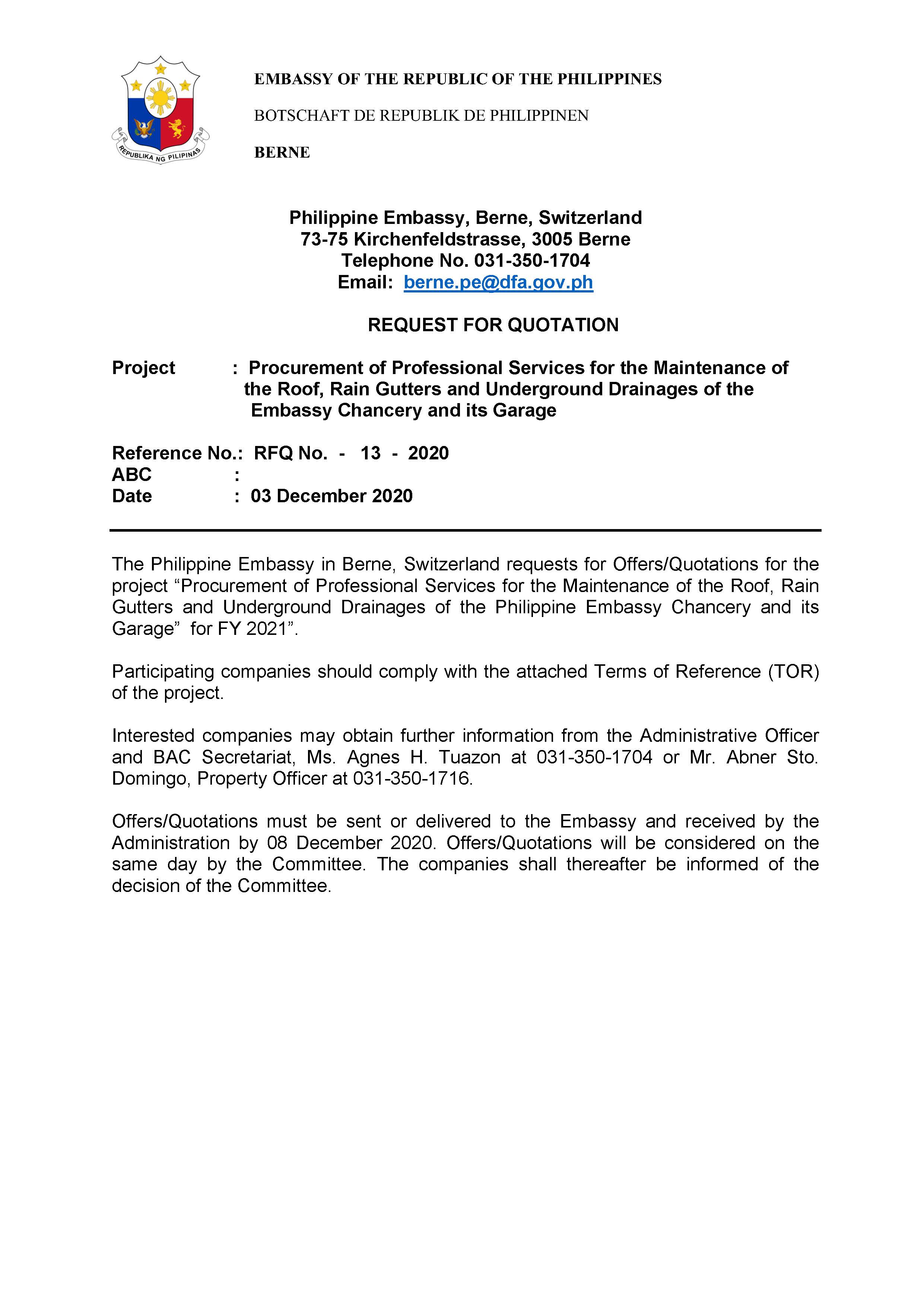 RFQ 13 2020 A Procurement of Professional Services for the Maintenance of the Roof Rain Gutters and Underground Drainages of the Page 1