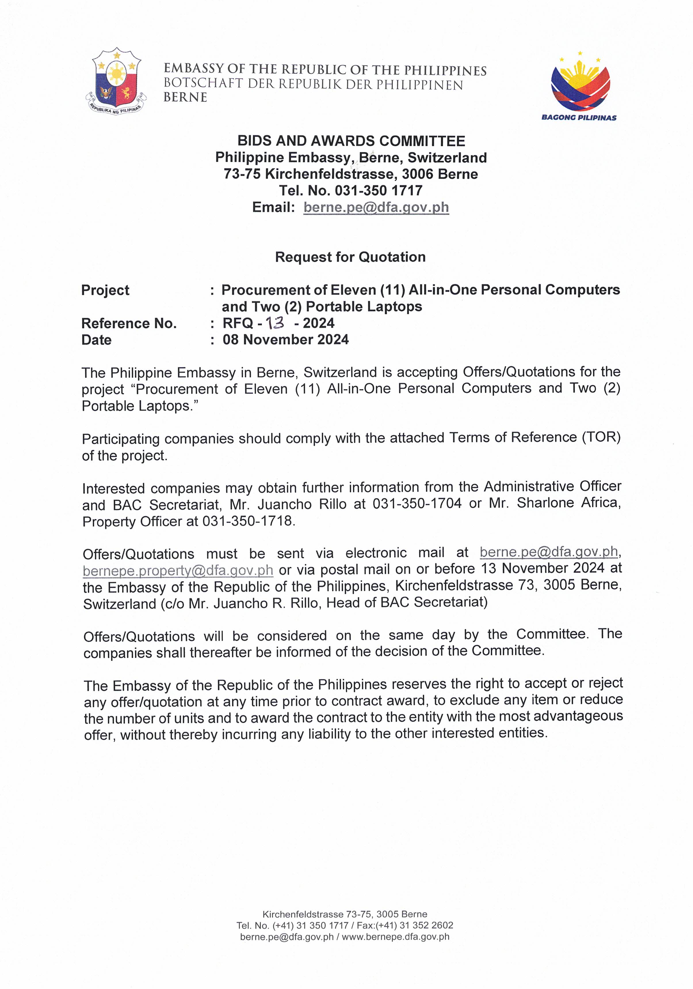 RFQ 13 2024 PROCUREMENT OF ELEVEN 11 ALL IN ONE PERSONAL COMPUTERS AND TWO 2 PORTABLE LAPTOPS Page 1