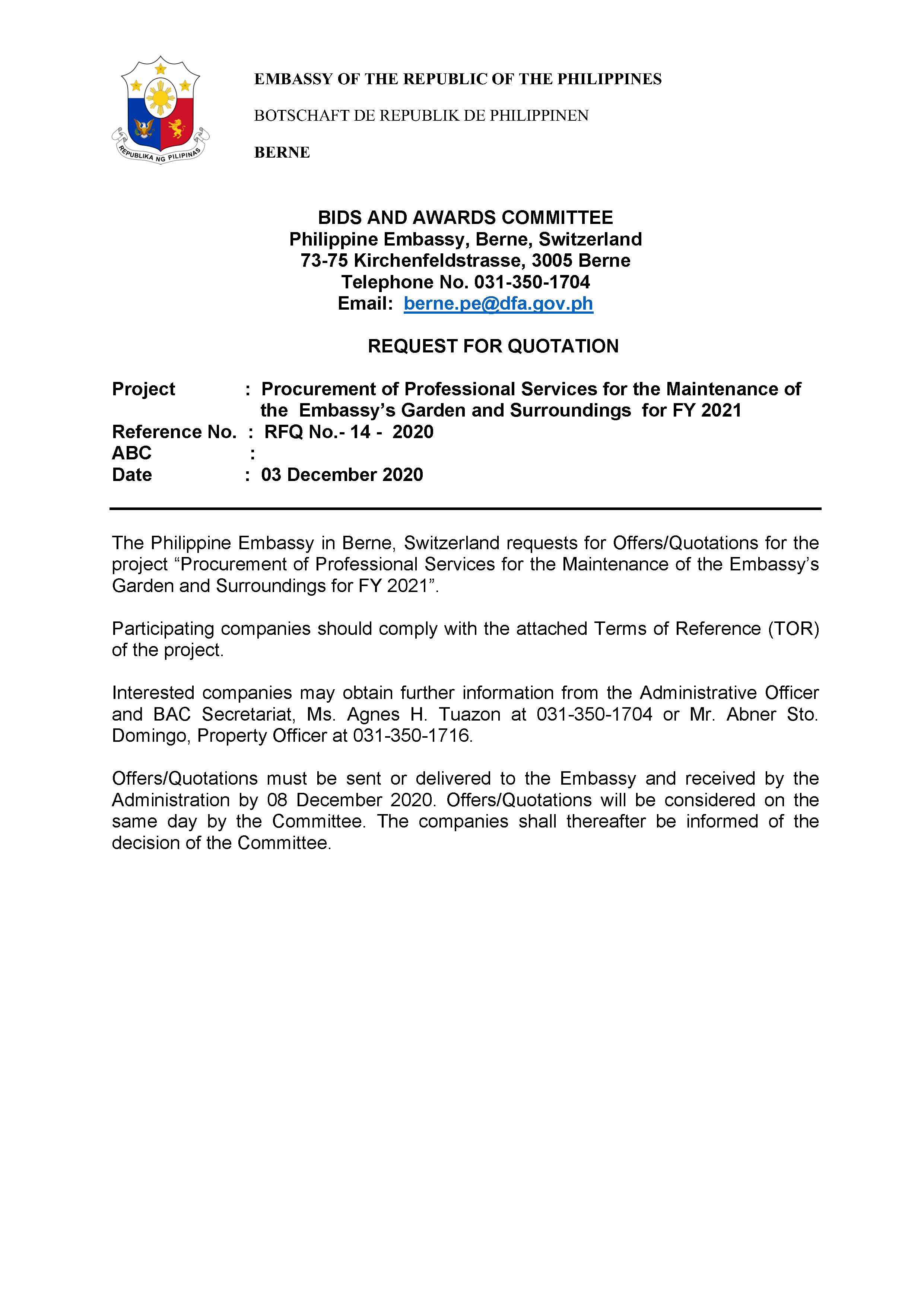 RFQ 14 2020 A Procurement of Professional Services for the Maintenance of Embassys Garden and Surrounding Page 1
