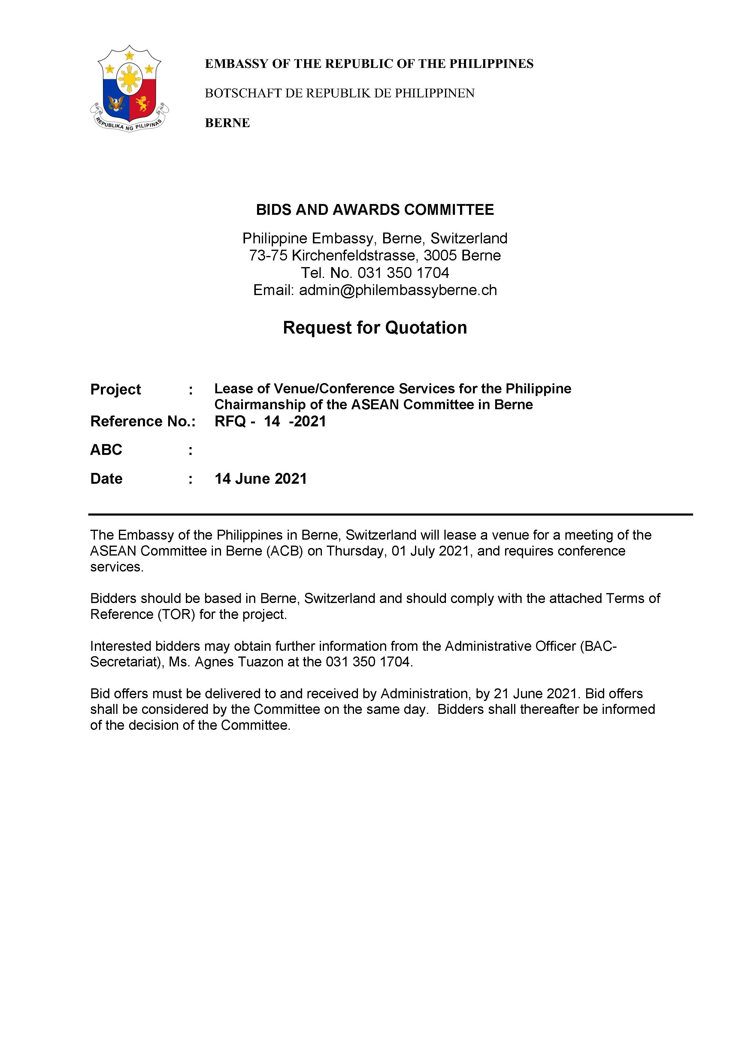 RFQ 14 2021 Lease of Venue Conference Services for the Philippine Chairmanship of the ASEAN Committee in Berne Page 1
