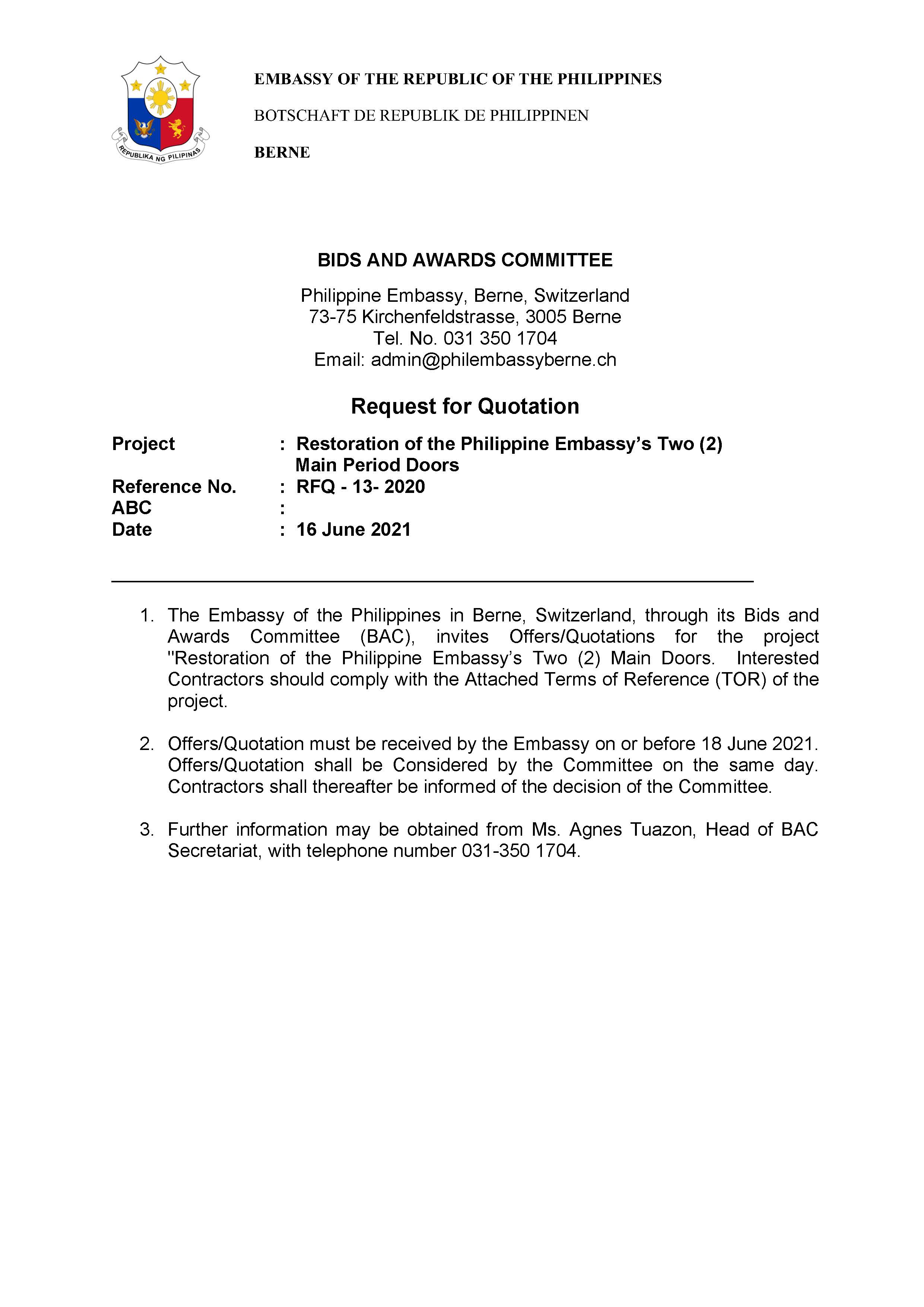 RFQ 15 2021 Restoration of the Philippine Embassys Two 2 Main Doors Page 1
