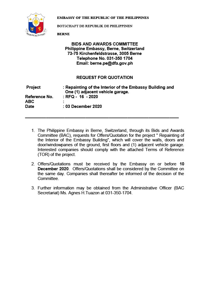 RFQ 16 2020 A Repainting of the Interior of the Embassy Building and One 1 adjacent vehicle garage