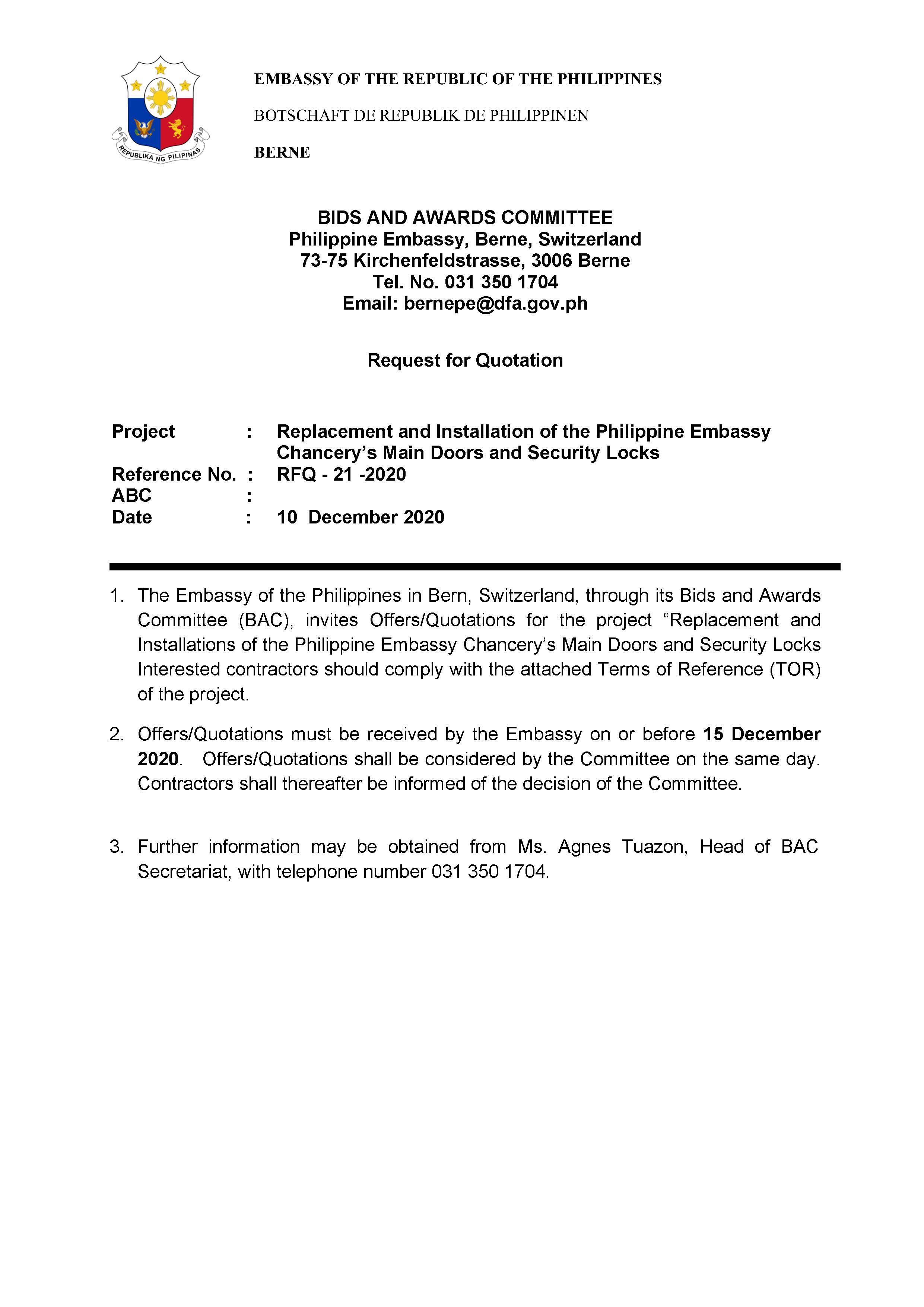 RFQ 21 2020A Replacement and Installation of the Philippine Embassy Chancerys Main Doors and Security Locks Page 1