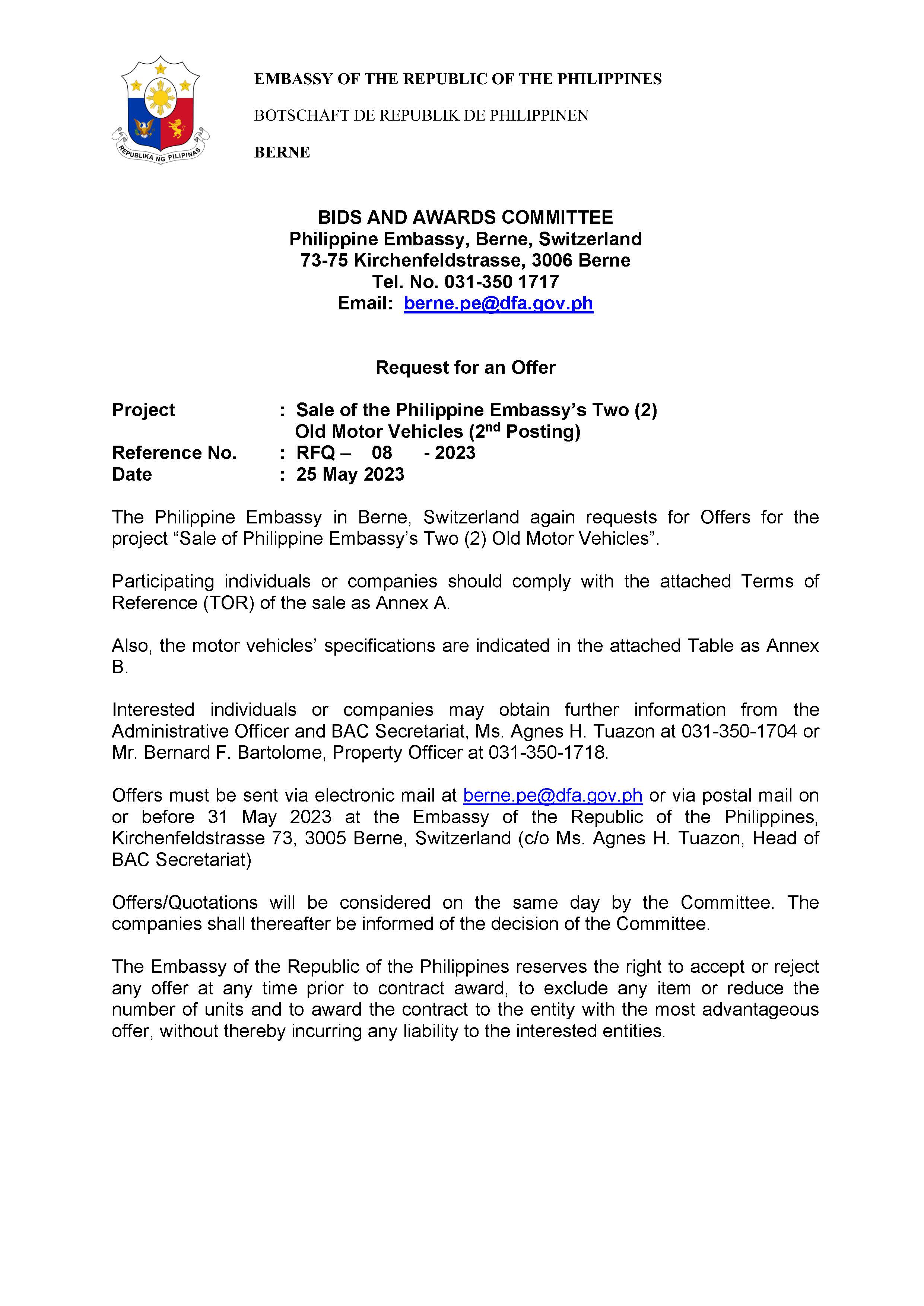 RTO 08 2023 Sale of the Philippine Embassys 2 Old Motor Vehicles 25 May 2023 2nd Posting Page 1