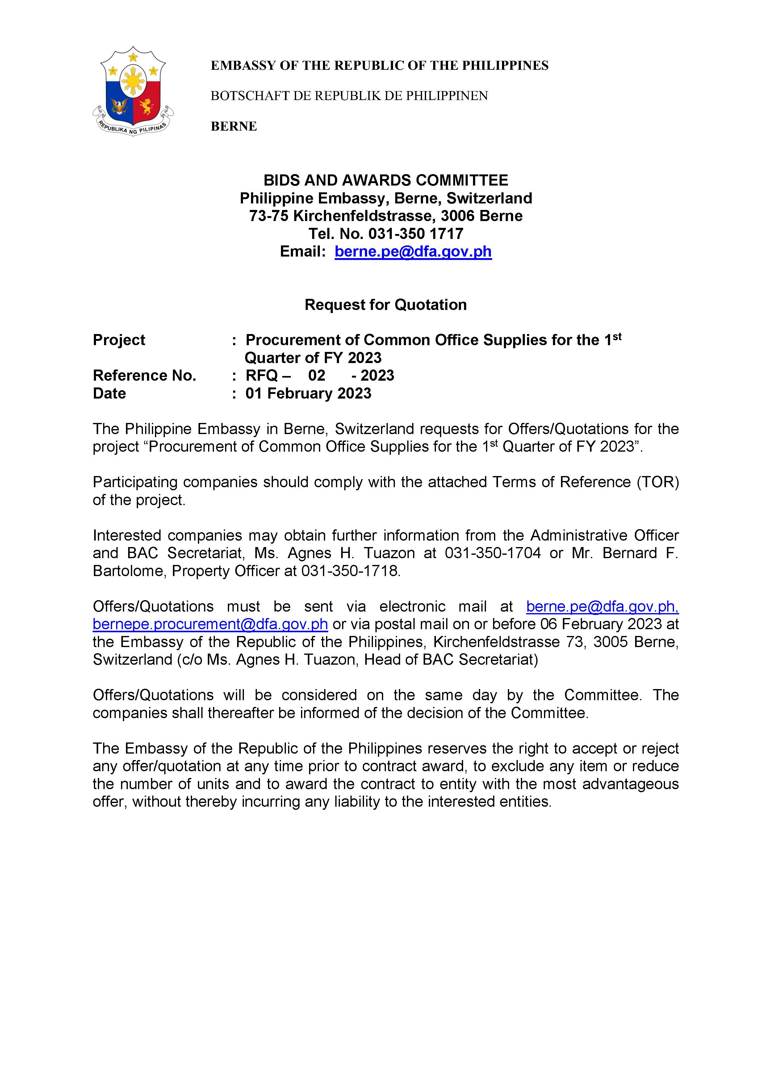 Request for Quotation for Website Posting Procurement of Common Office Supplies for the 1st Quarter of FY 2023 01 February 2023 Page 1