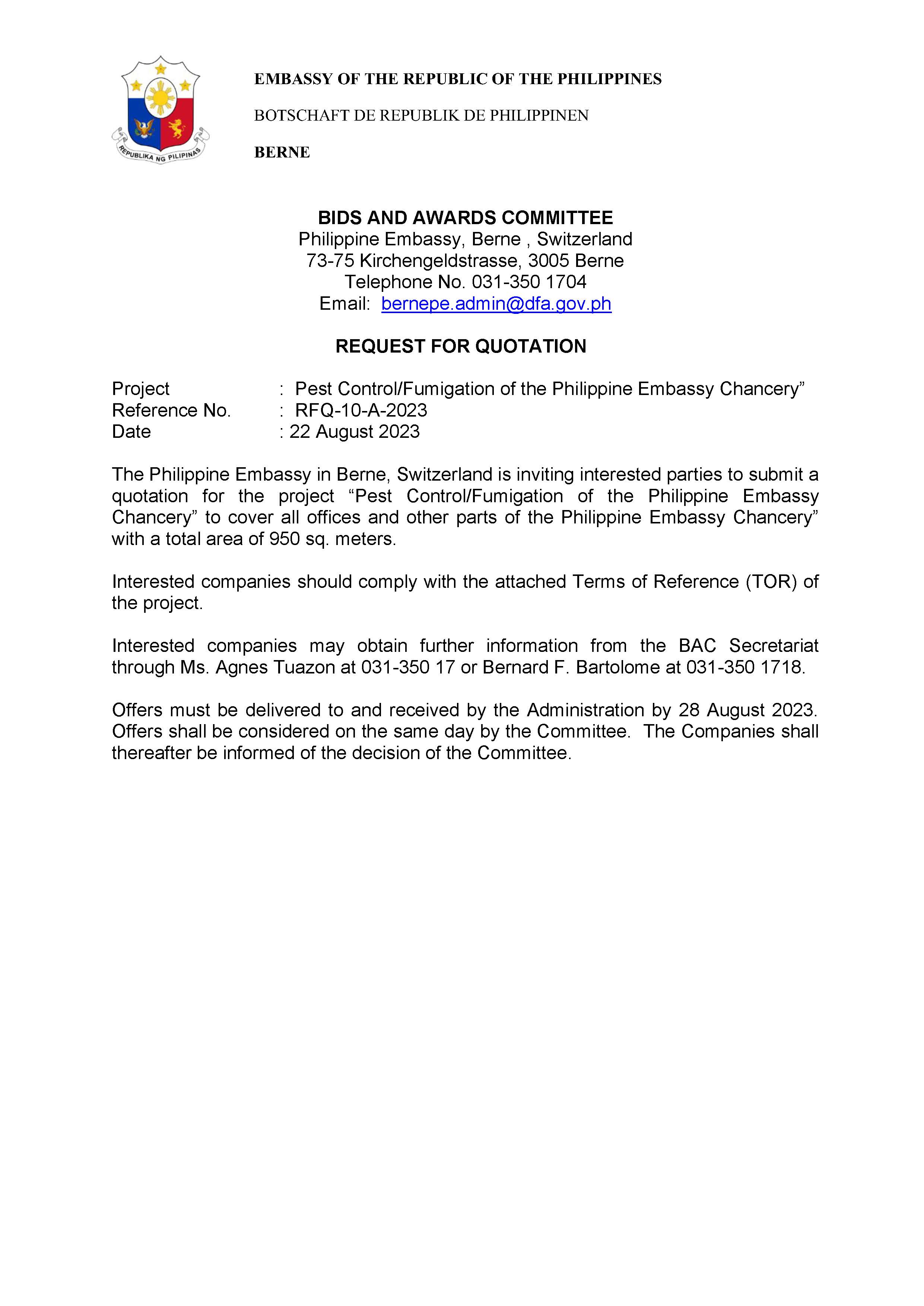 Request for Quotation for Website Posting Pest Control Fumigation of the Philippine Embassy Chancery 22 August 2023 1 Page 1