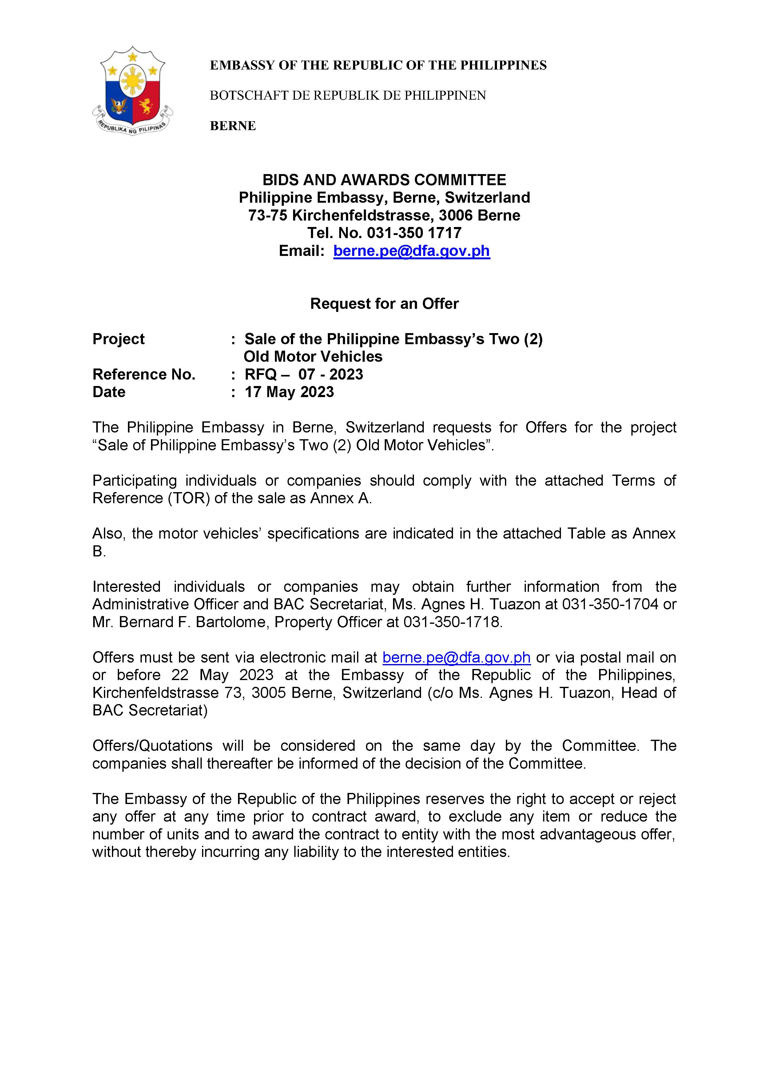 Request for Quotation for Website Posting Sale of the Philippine Embassys 2 Old Motor Vehicles 17 May 2023 Page 1