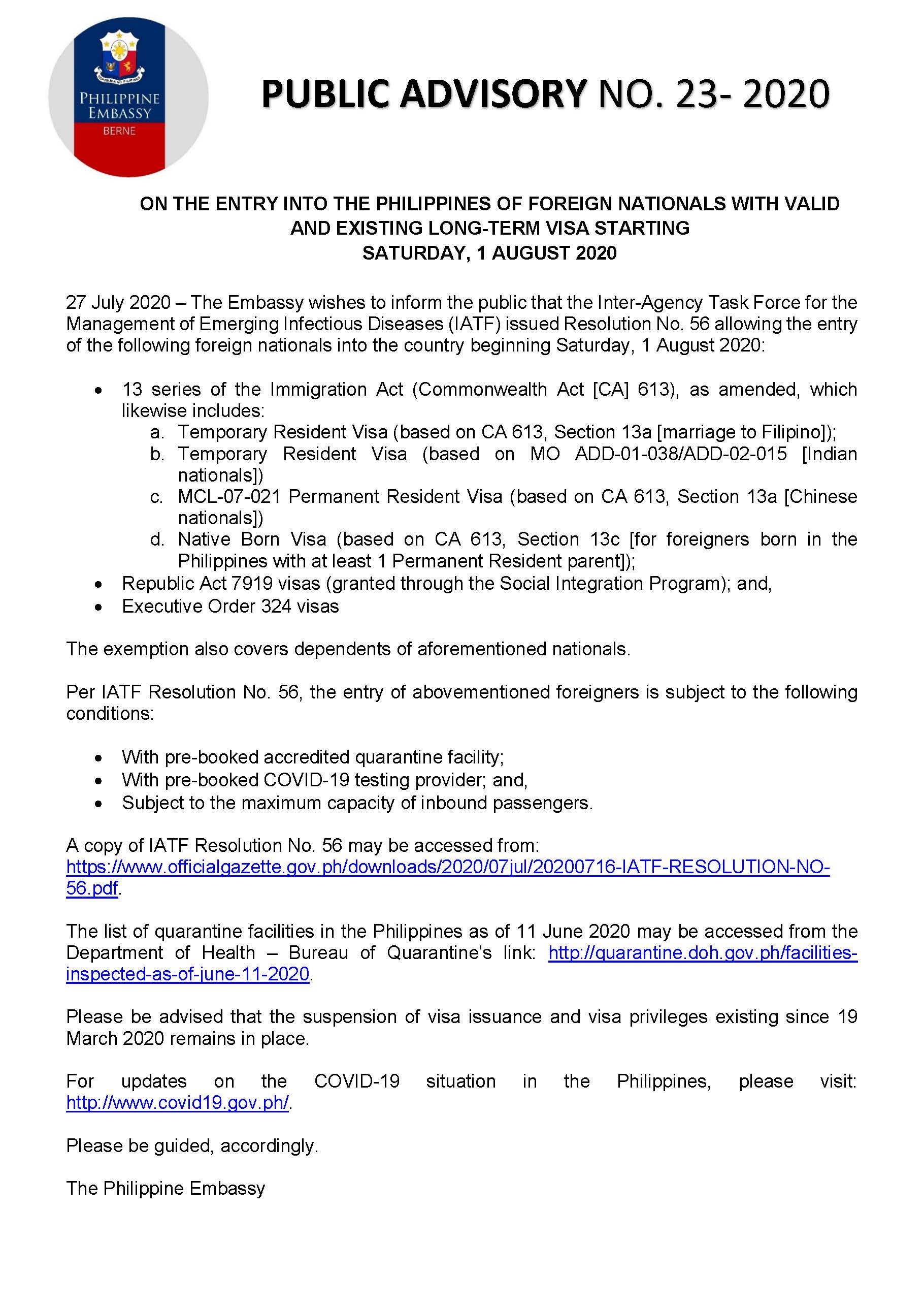 aPA 23 2020 ON THE ENTRY INTO THE PHILIPPINES OF FOREIGN NATIONALS WITH VALID AND EXISTING LONG TERM VISA STARTING